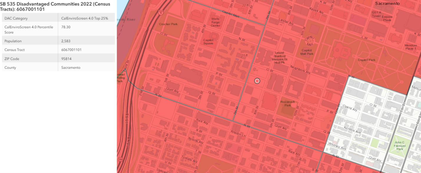 Screenshot of a CAL EPA's tool showing a map with but a small portion shaded red indicating that the red zone is classified as a disadvantaged community. On the left, census data for this particular census tract shows.